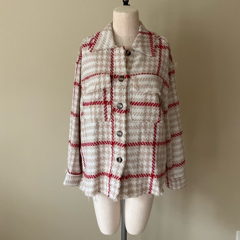 Polagram Checkered Frayed Button Down Shacket